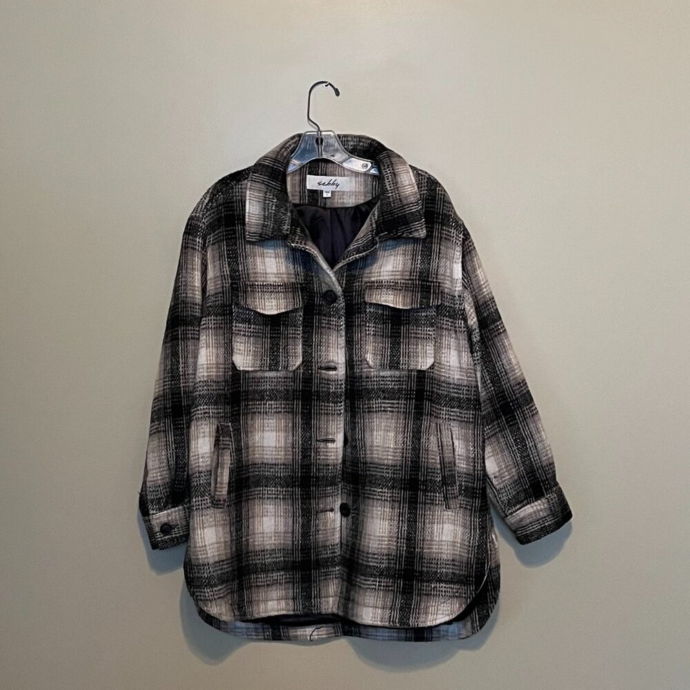 Sebby Women's Shacket, Black, White & Tan Plaid, Size L - Picture 2 of 7